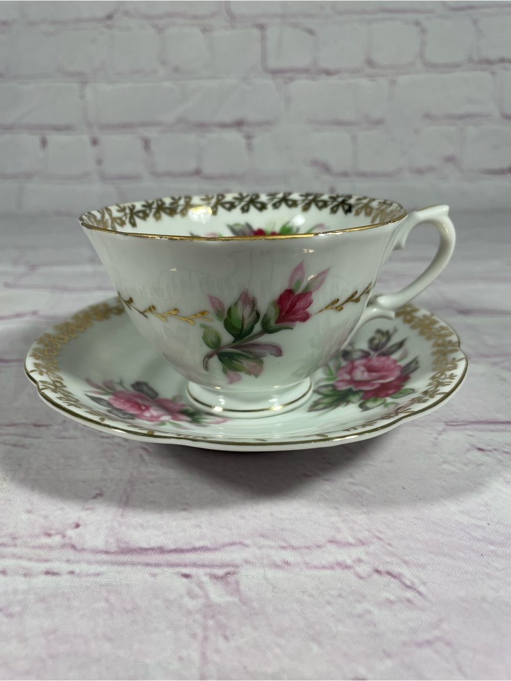 Vintage Grantcrest Pink Rose Floral Gold Gilt Bone China Teacup and Saucer Set